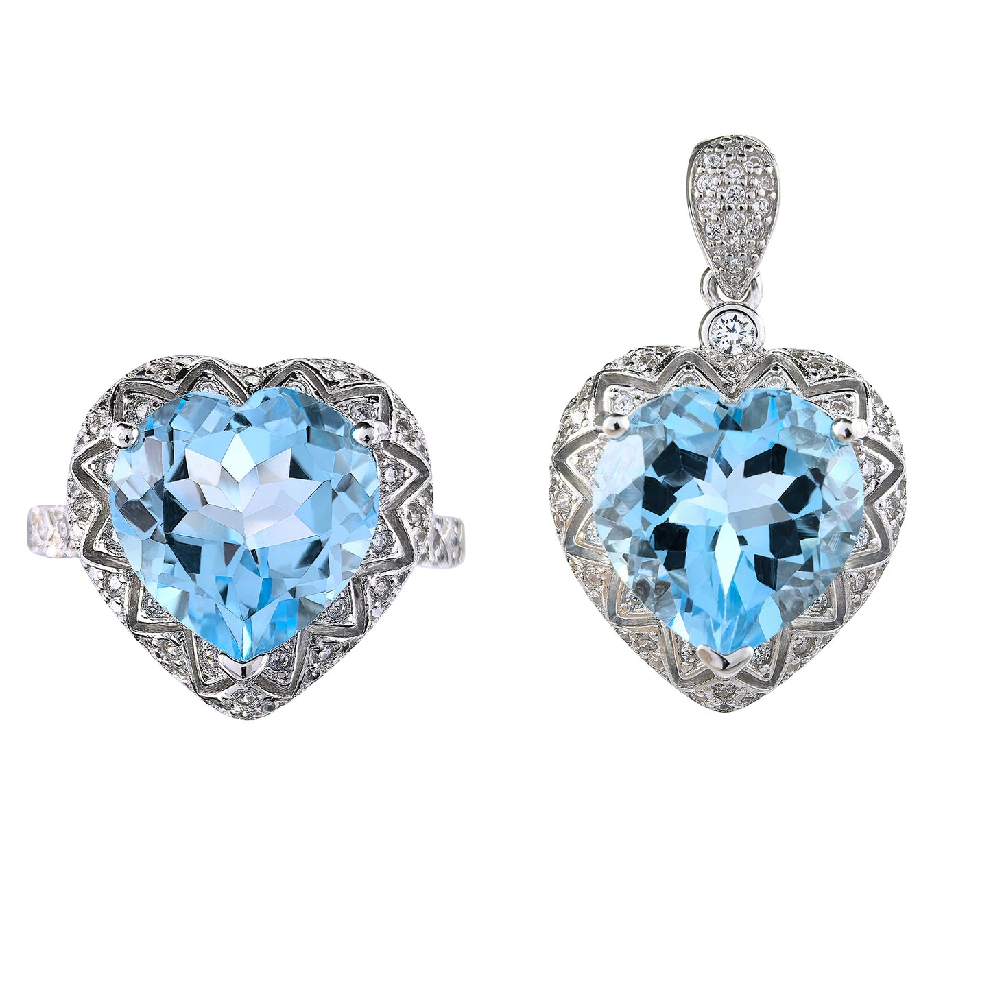 Romantic Rhodium Plated 925 Silver Natural Sky Blue Topaz Heart Cut Set