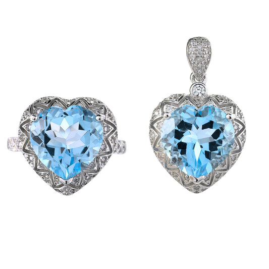 Romantic Rhodium Plated 925 Silver Natural Sky Blue Topaz Heart Cut Set