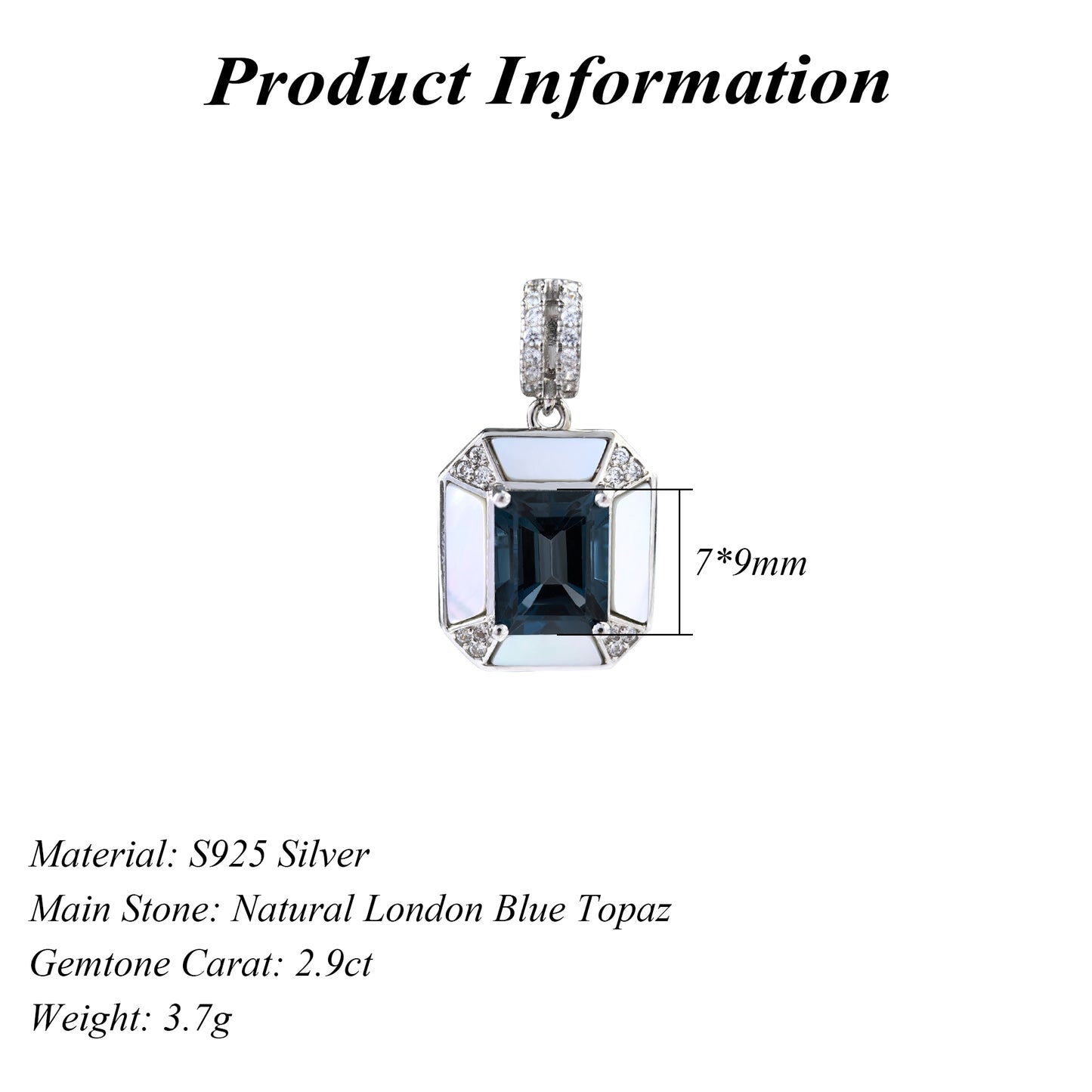 Gorgeous Rhodium Plated Silver 925 Jewelry Natural London Blue Topaz Pendant