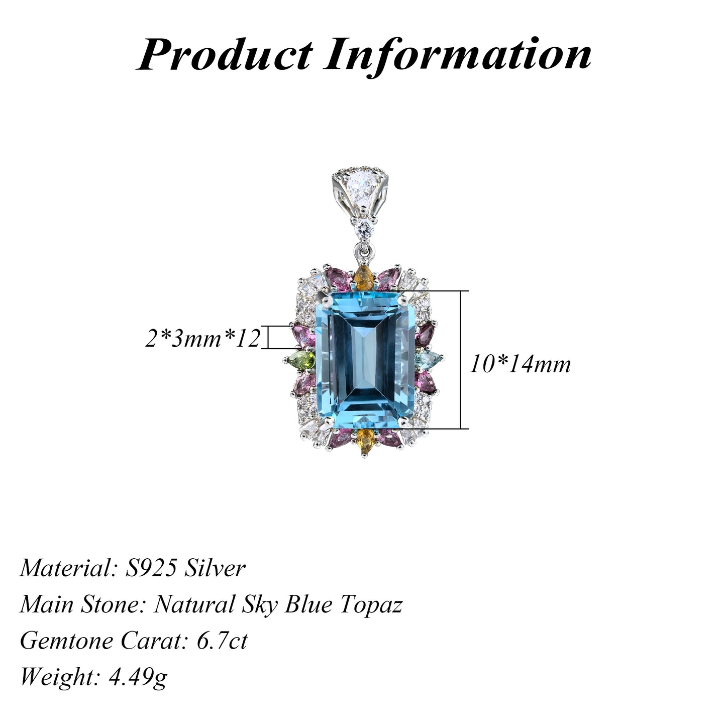 925 Sterling Silver Delicate Rhodium Plated Emerald Cut Natural Sky Blue Topaz Pendant