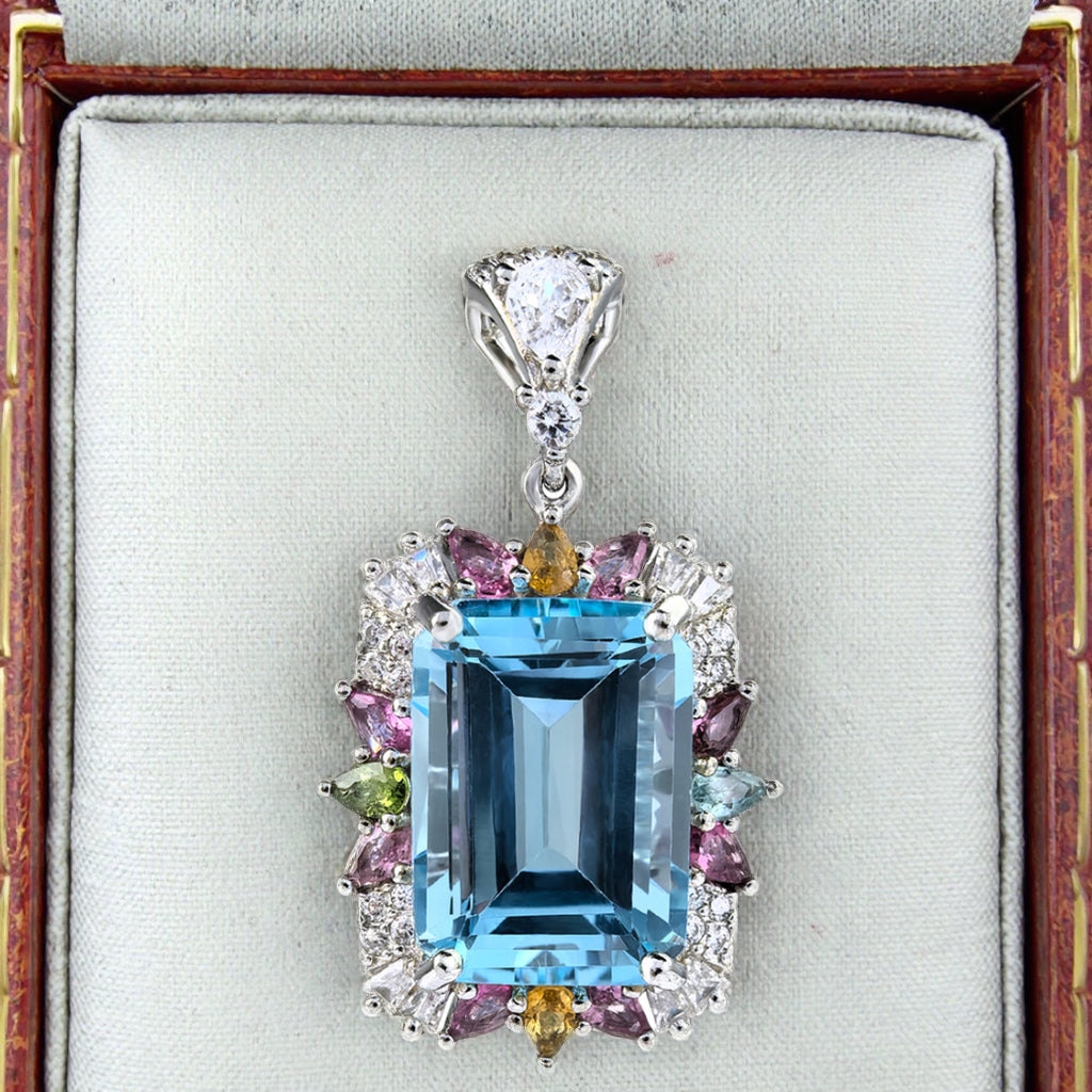 925 Sterling Silver Delicate Rhodium Plated Emerald Cut Natural Sky Blue Topaz Pendant