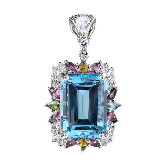 925 Sterling Silver Delicate Rhodium Plated Emerald Cut Natural Sky Blue Topaz Pendant