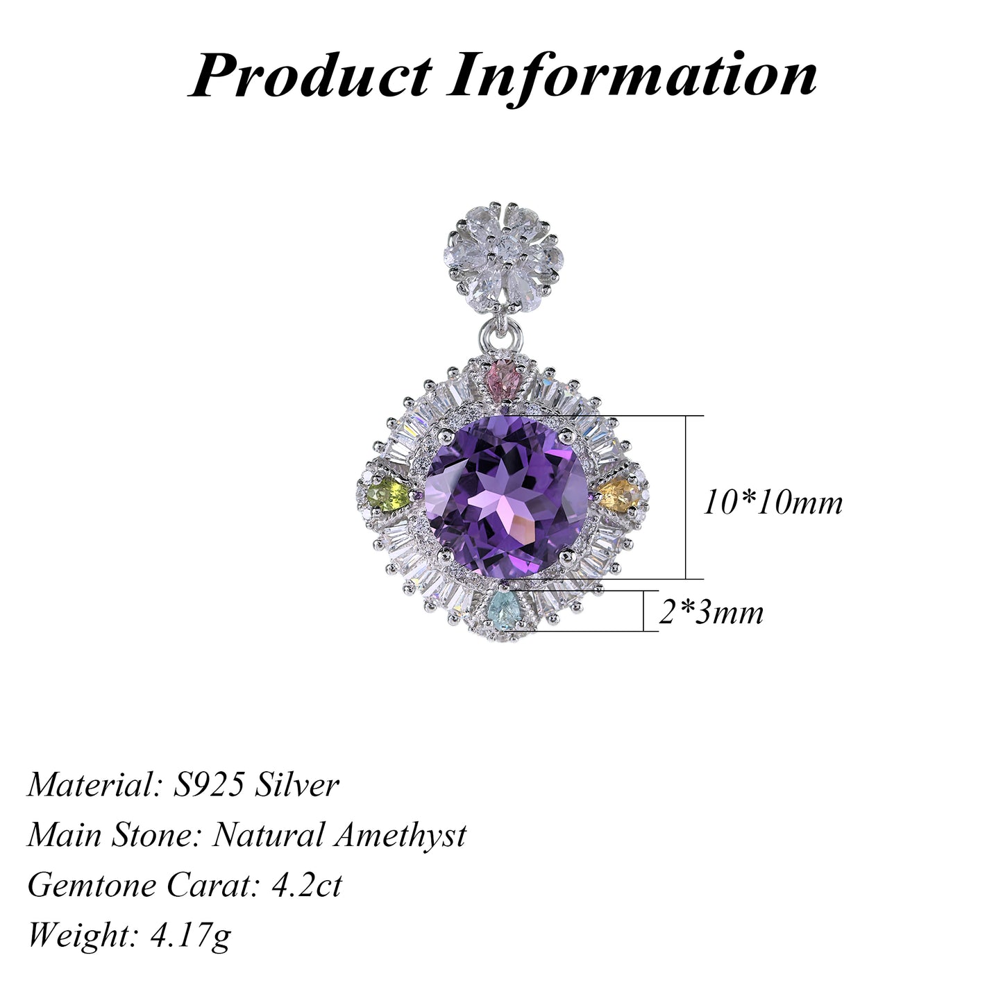 Dazzling Rhodium Plated Silver 925 Natural Amethyst Clover Pendant