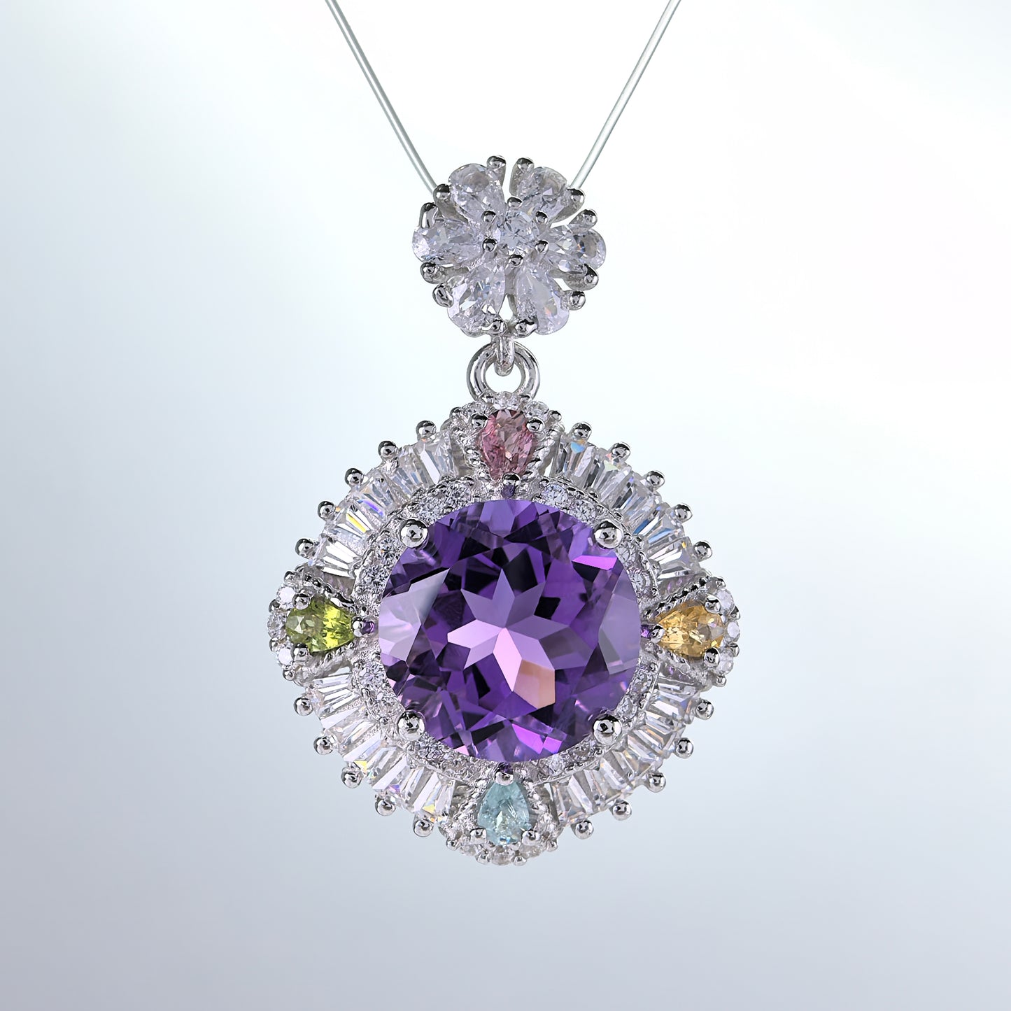 Dazzling Rhodium Plated Silver 925 Natural Amethyst Clover Pendant