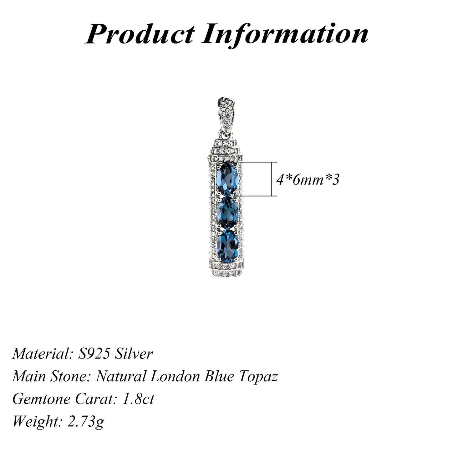 Unique Rhodium Plated 925 Sterling Silver Natural London Blue Topaz Pendant