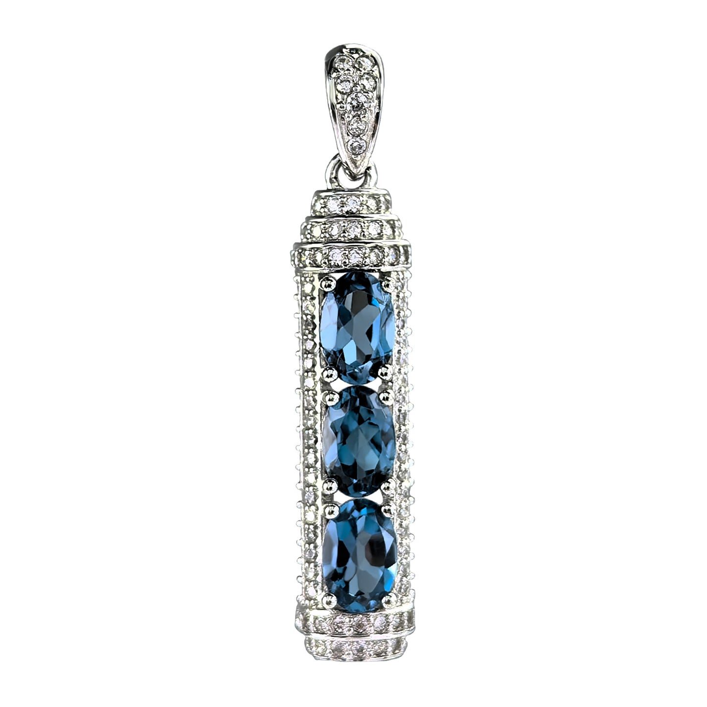 Unique Rhodium Plated 925 Sterling Silver Natural London Blue Topaz Pendant