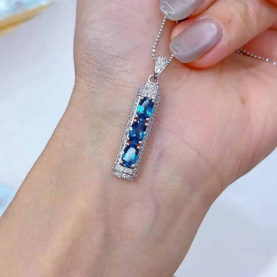 Unique Rhodium Plated 925 Sterling Silver Natural London Blue Topaz Pendant