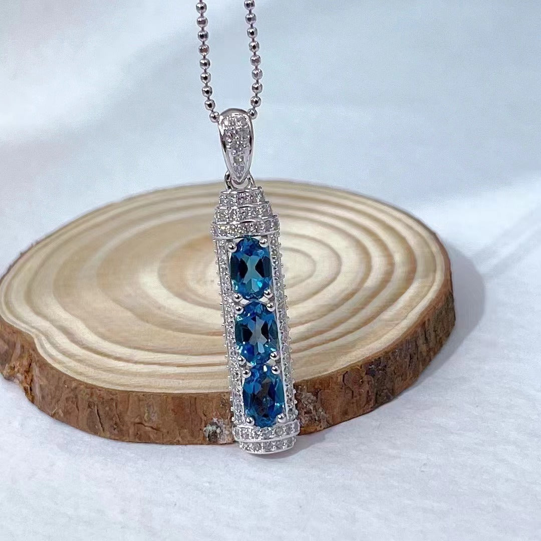 Unique Rhodium Plated 925 Sterling Silver Natural London Blue Topaz Pendant