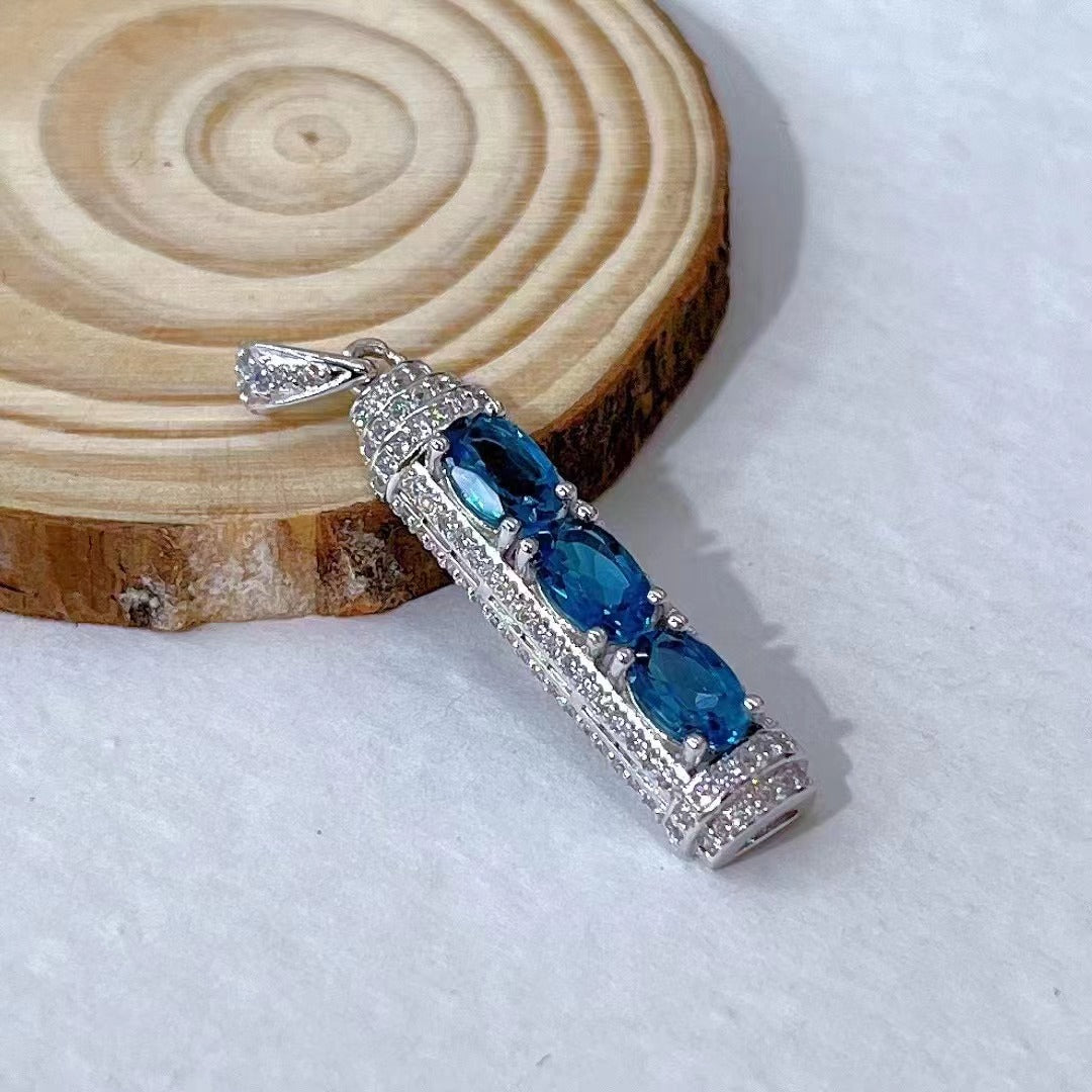 Unique Rhodium Plated 925 Sterling Silver Natural London Blue Topaz Pendant