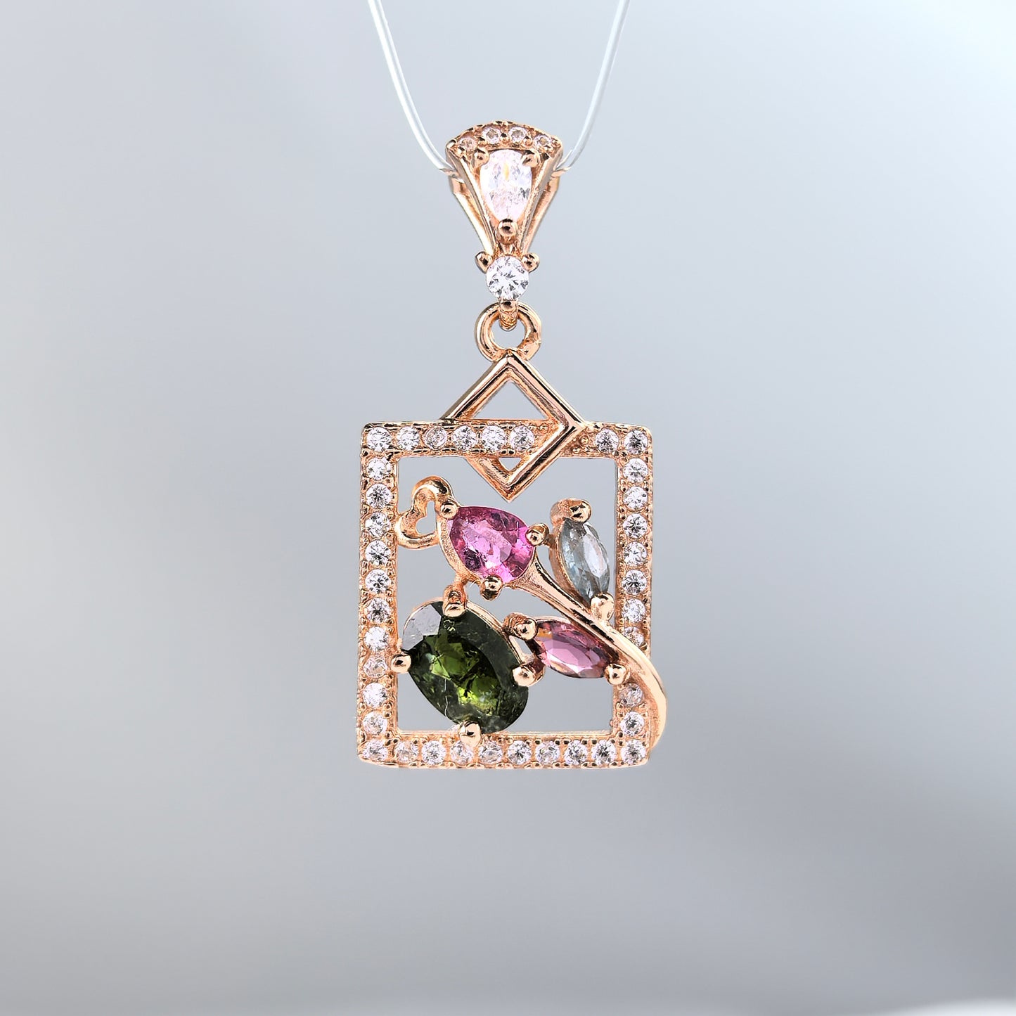Graceful Rose Gold Plated 925 Sterling Silver Natural Tourmaline Flower Pendant