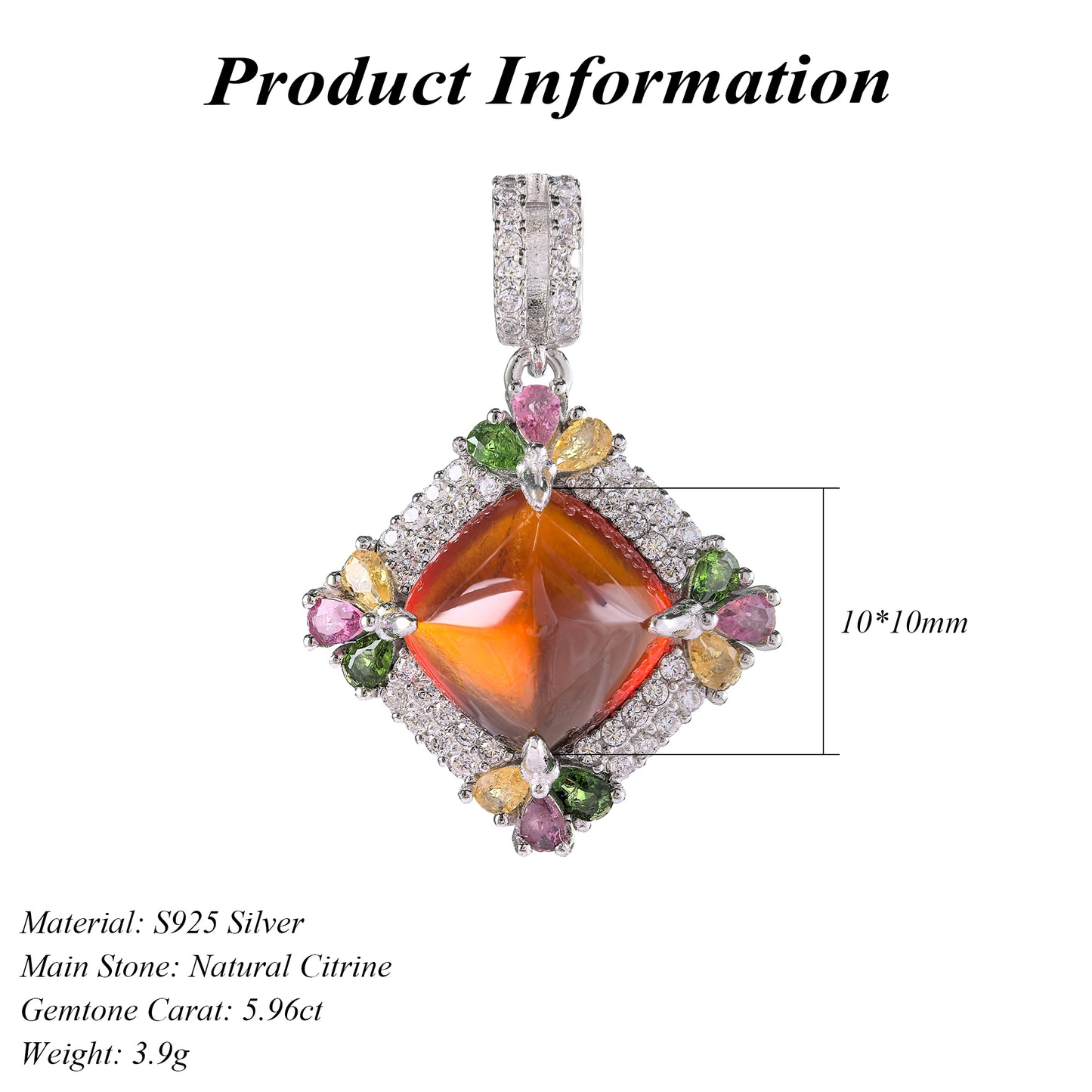 Elegant 925 Silver Natural Citrine Pendant Rhodium Plated