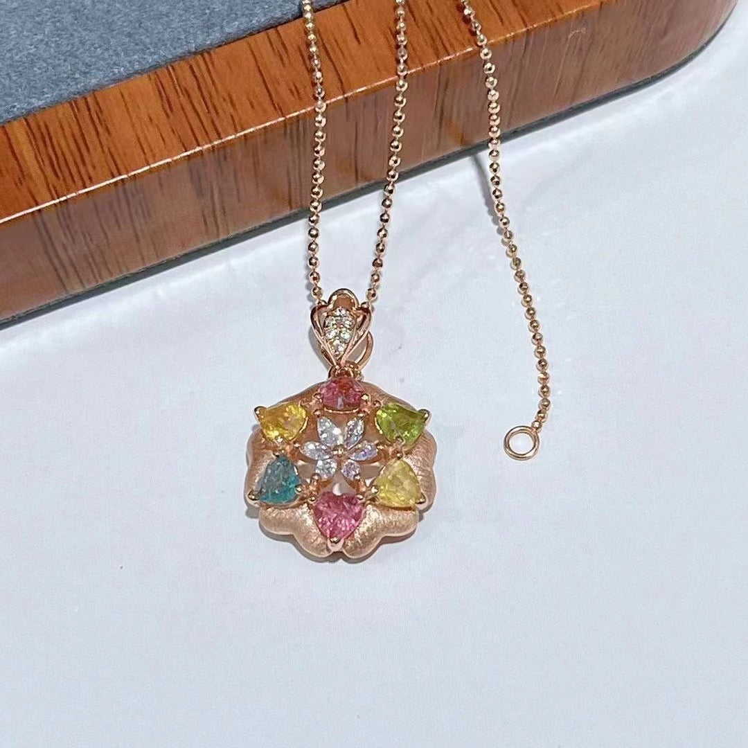 Sparkling Rose Gold Plated 925 Sterling Silver Natural Tourmaline Flower Pendant