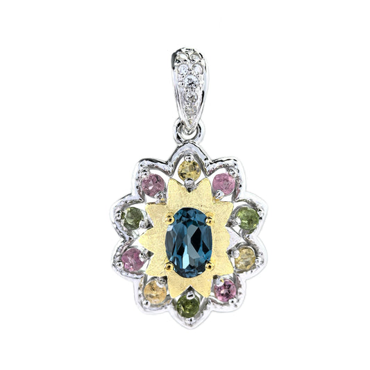 Elegant Dual Color Plated Silver 925 Natural London Blue Topaz Flower Pendant
