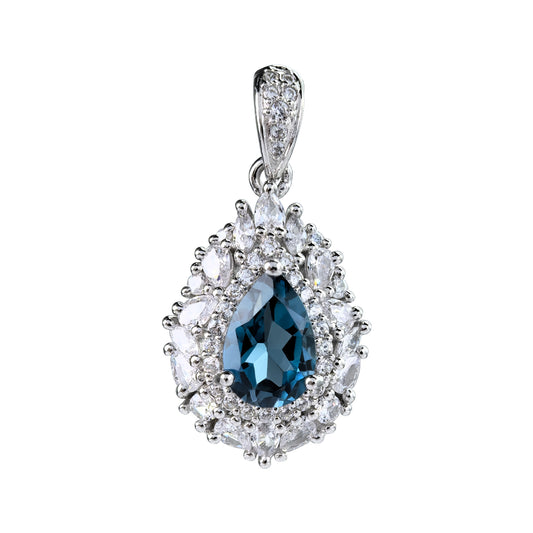 Elegant Rhodium Plated 925 Sterling Silver Natural London Blue Topaz Pendant