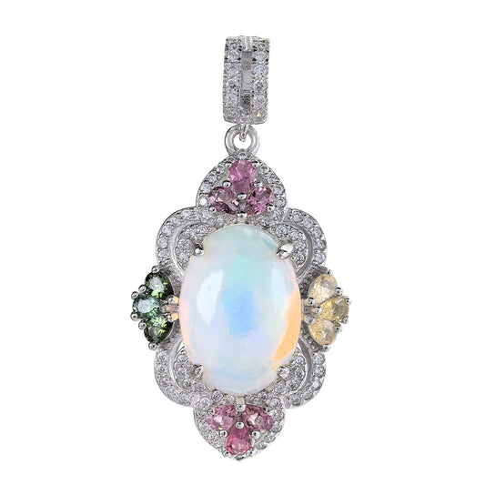 Precious Rhodium Plated Silver 925 Jewelry Natural Opal Flower Pendant