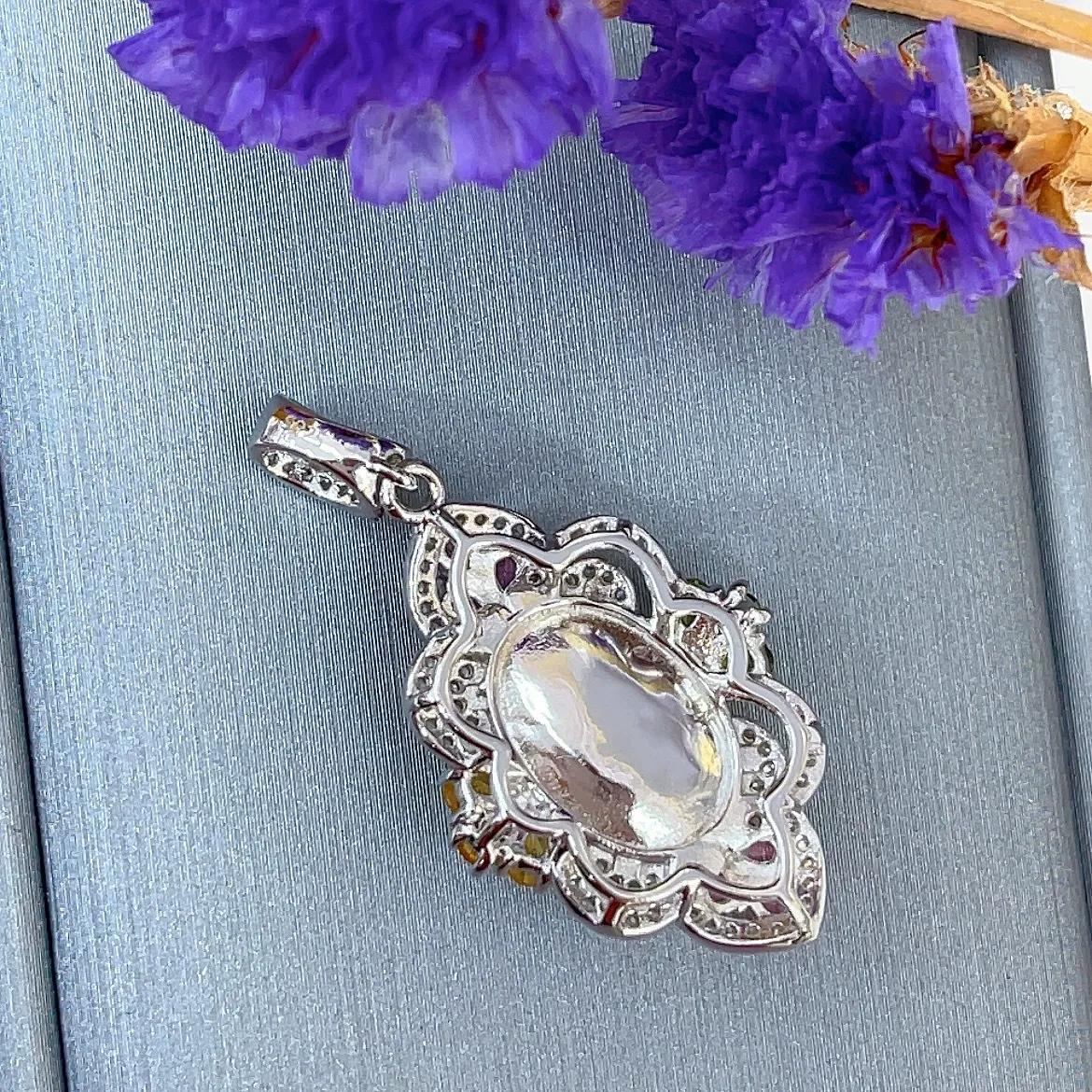 Precious Rhodium Plated Silver 925 Jewelry Natural Opal Flower Pendant