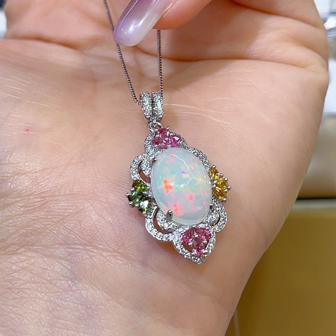 Precious Rhodium Plated Silver 925 Jewelry Natural Opal Flower Pendant