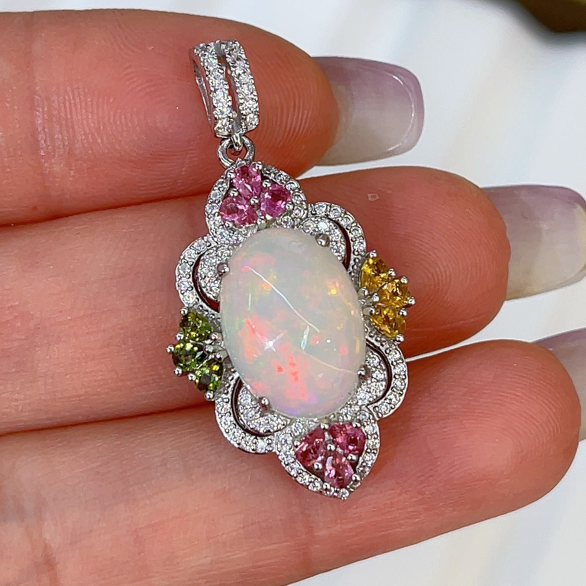 Precious Rhodium Plated Silver 925 Jewelry Natural Opal Flower Pendant