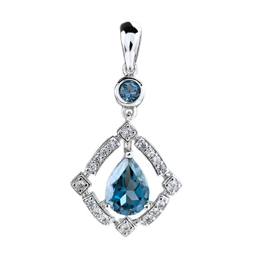 Elegant Rhodium Plated 925 Sterling Silver Natural London Blue Topaz Pendant