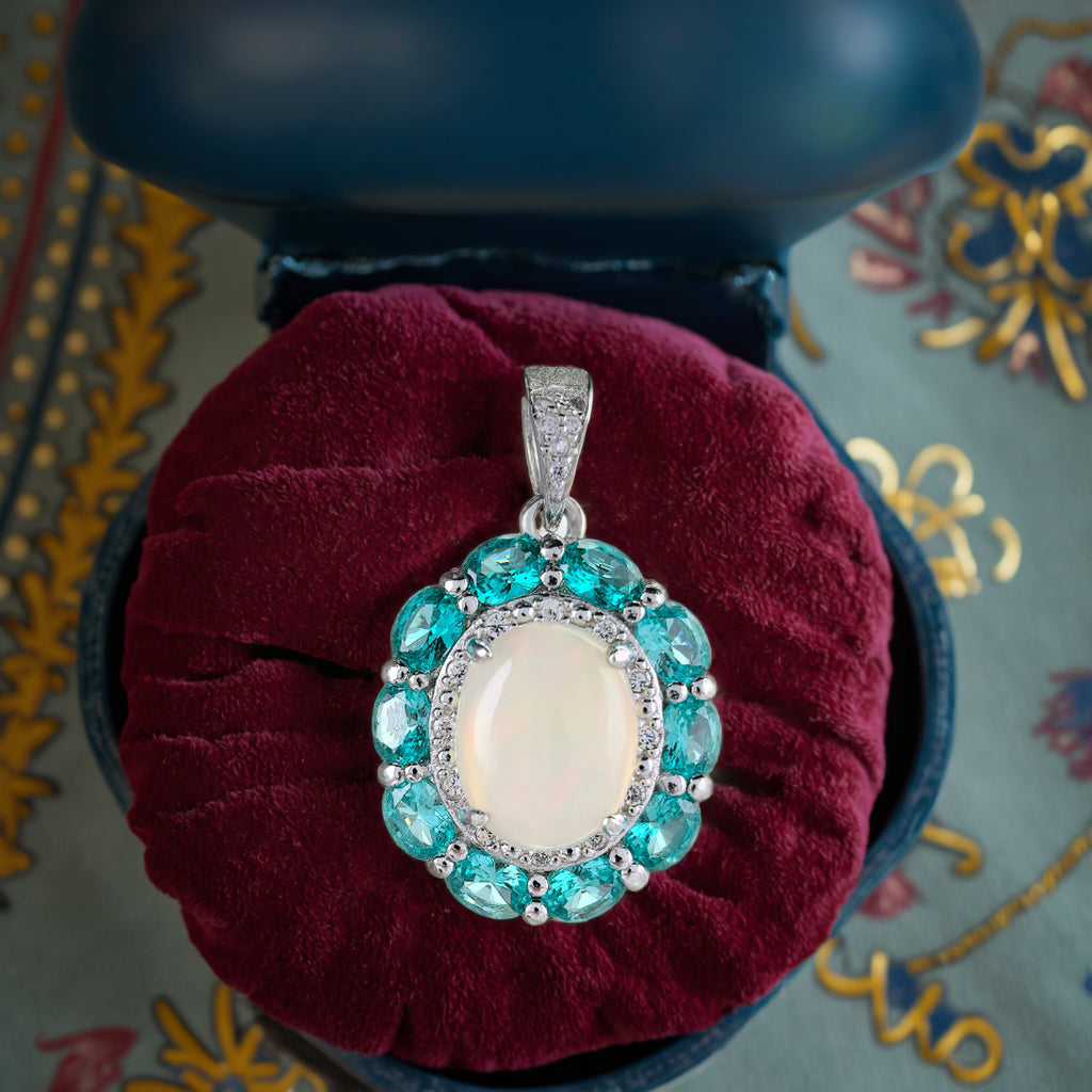 Exquisite Rhodium Plated 925 Silver Natural Opal Pendant