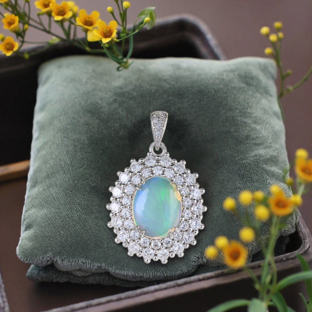 Precious Rhodium Plated Joyas Plata 925 Silver Natural Opal Pendant