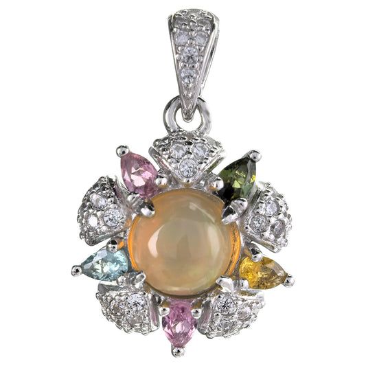 Exquisite Rhodium Plated Silver 925 Jewelry Natural Opal Flower Pendant