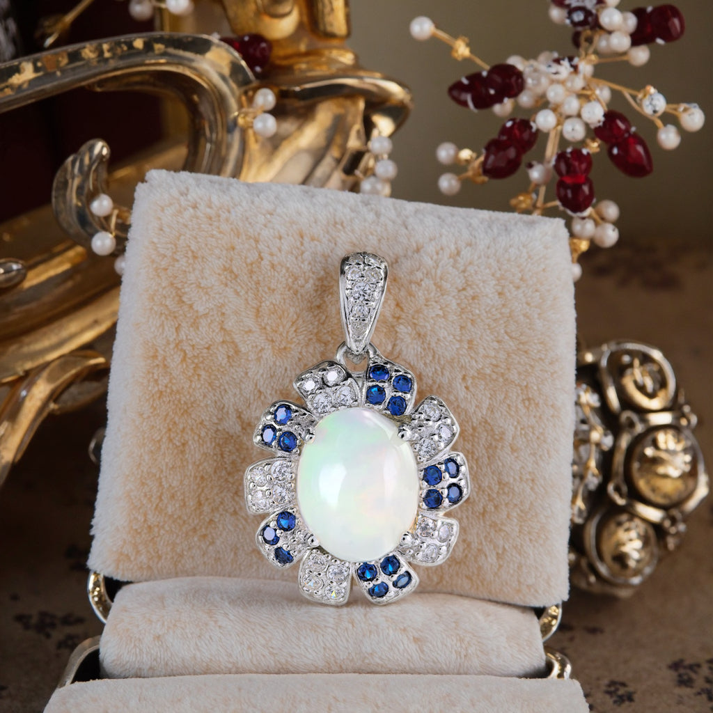 Vintage Rhodium Plated Argento 925 Natural Opal Pendant