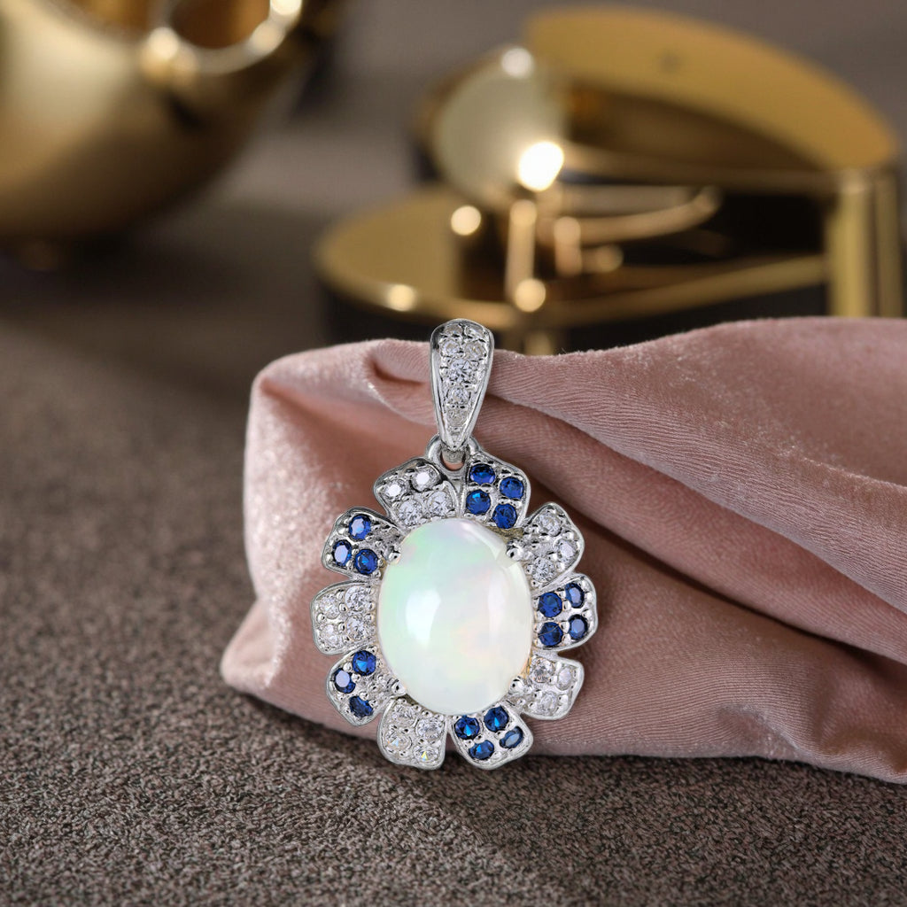 Vintage Rhodium Plated Argento 925 Natural Opal Pendant