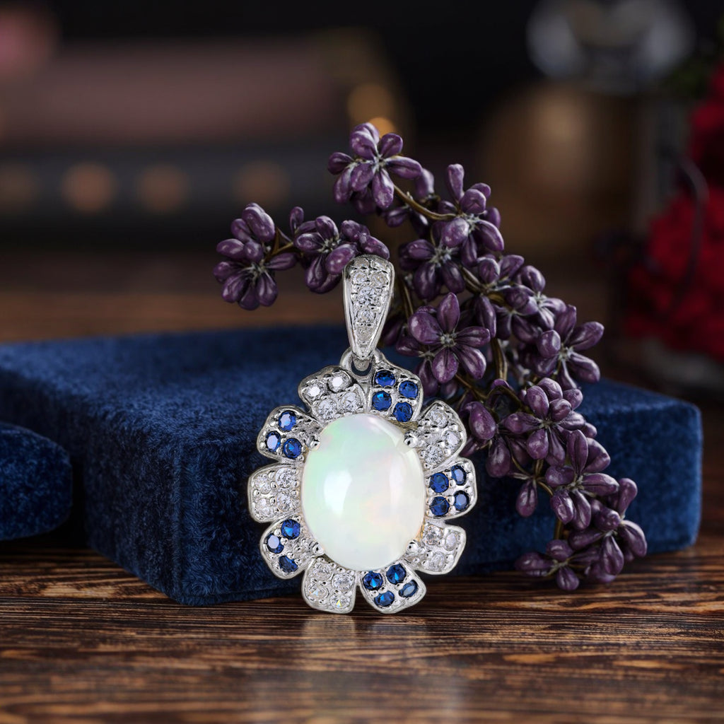 Vintage Rhodium Plated Argento 925 Natural Opal Pendant