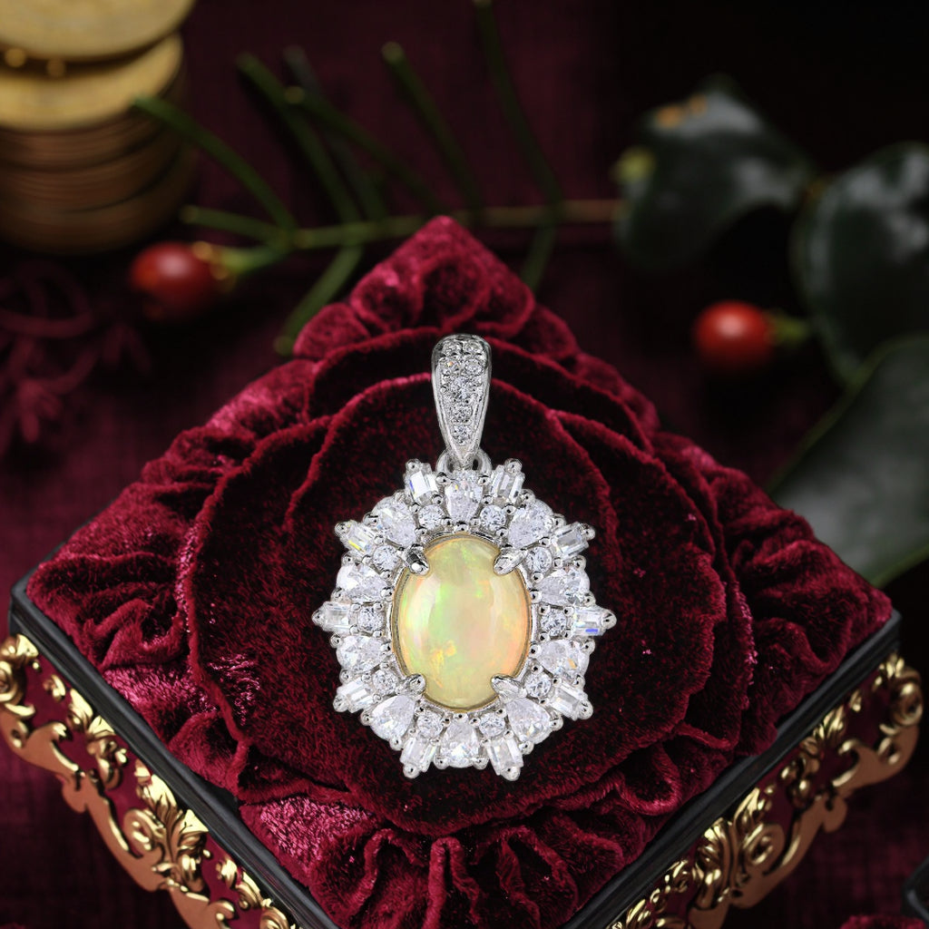 Charming Rhodium Plated 925 Sterling Silver Natural Opal Pendant