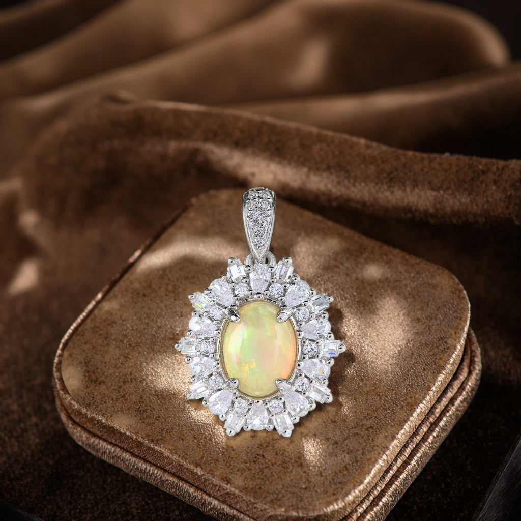 Charming Rhodium Plated 925 Sterling Silver Natural Opal Pendant
