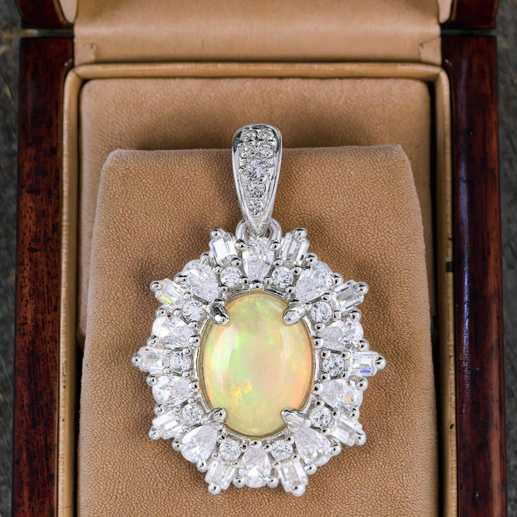 Charming Rhodium Plated 925 Sterling Silver Natural Opal Pendant