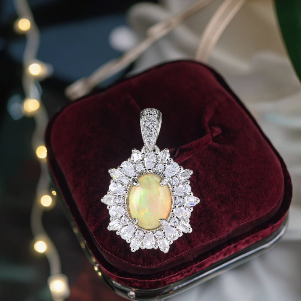 Charming Rhodium Plated 925 Sterling Silver Natural Opal Pendant