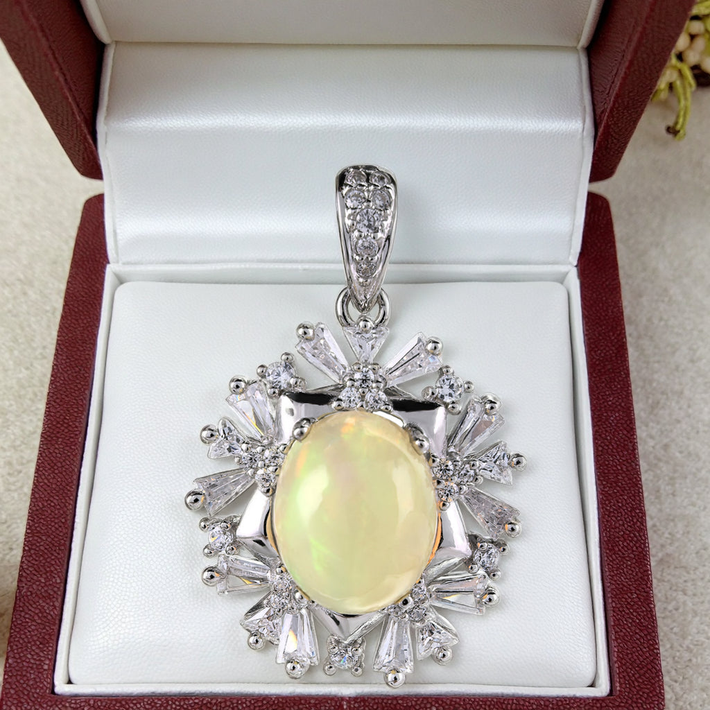 Vintage Style Rhodium Plated Silver 925 Unique Natural Opal Pendant