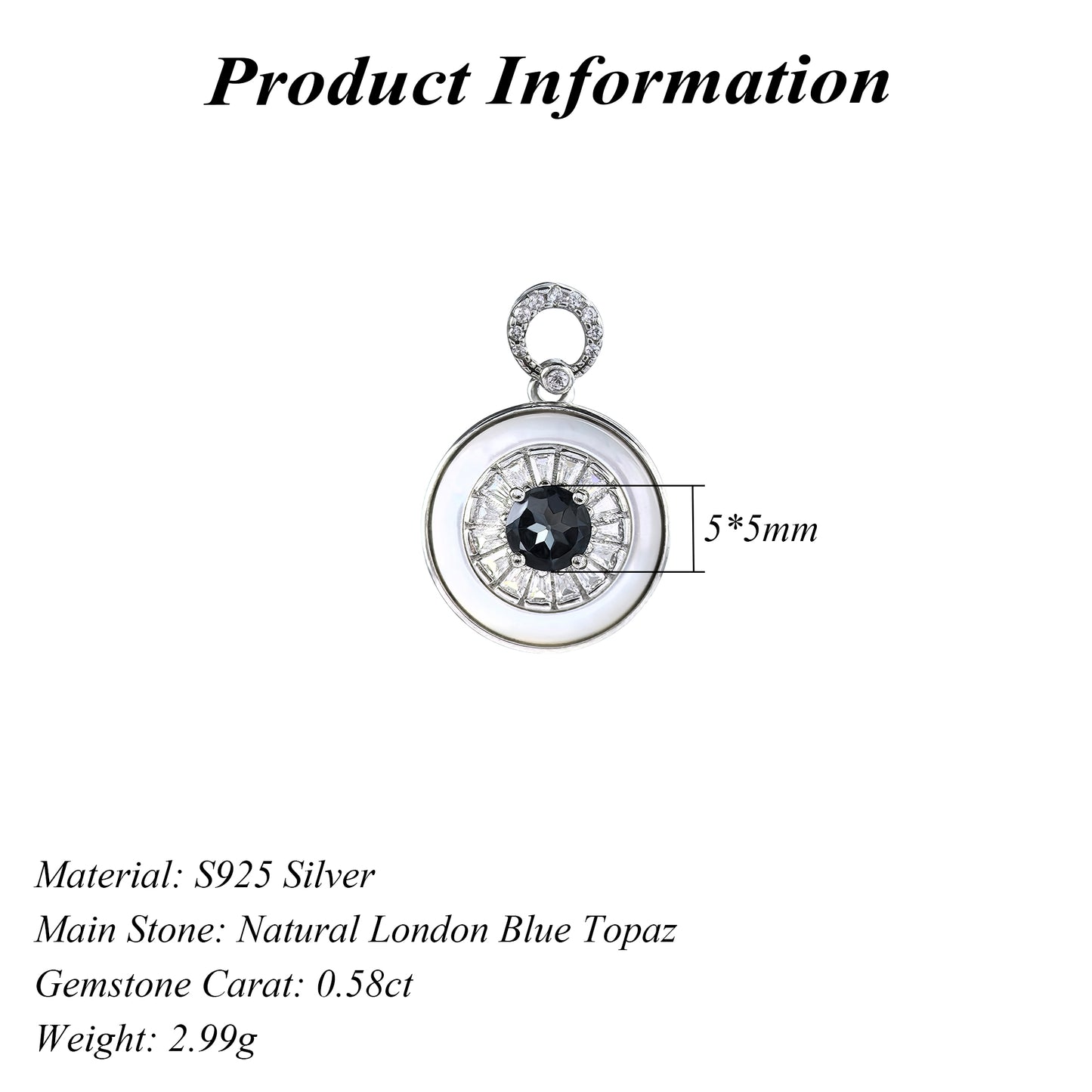 Rhodium Plated 925 Silver Jewelry Natural London Blue Topaz Pendant