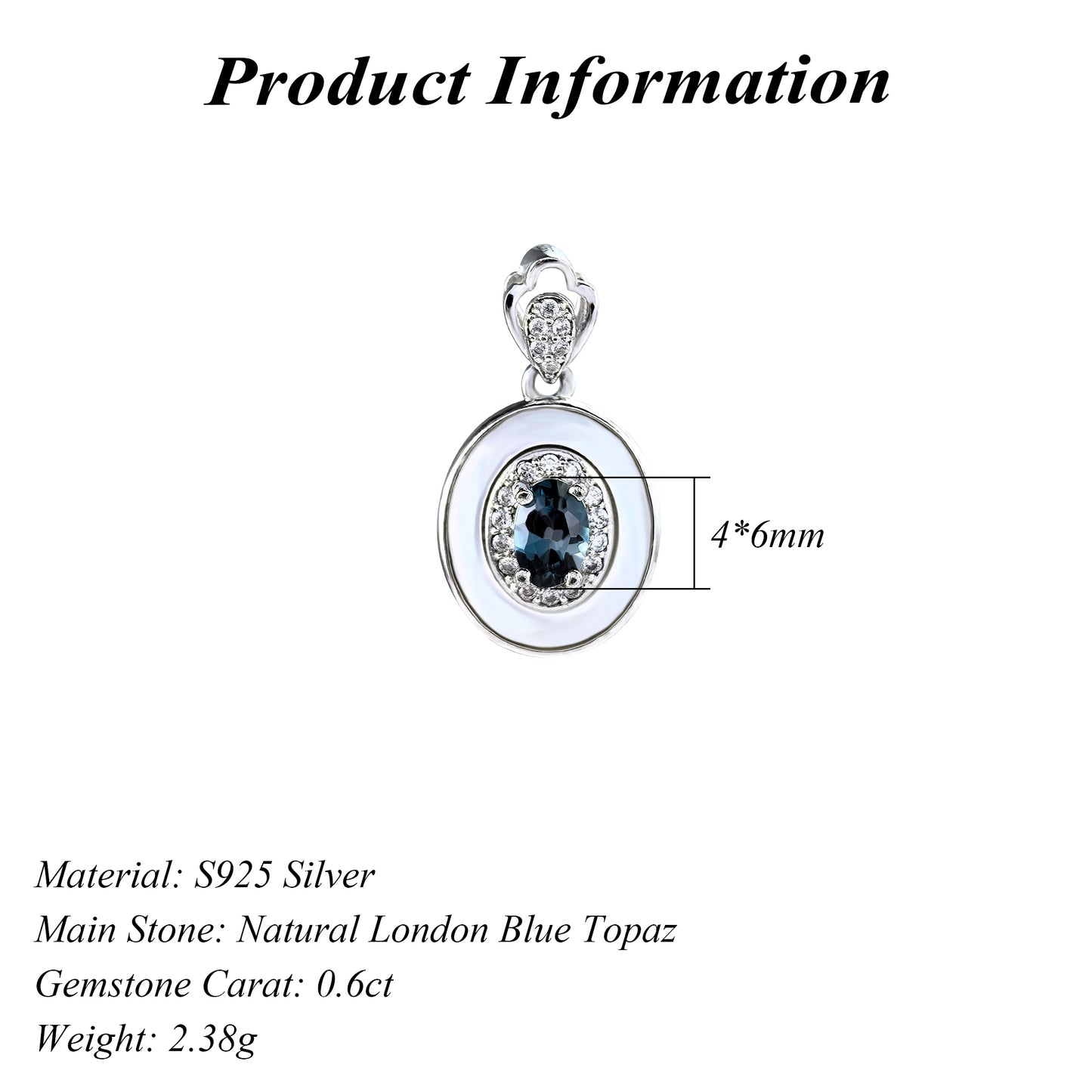 Delicate Rhodium Plated Silver 925 Natural London Blue Topaz Pendant