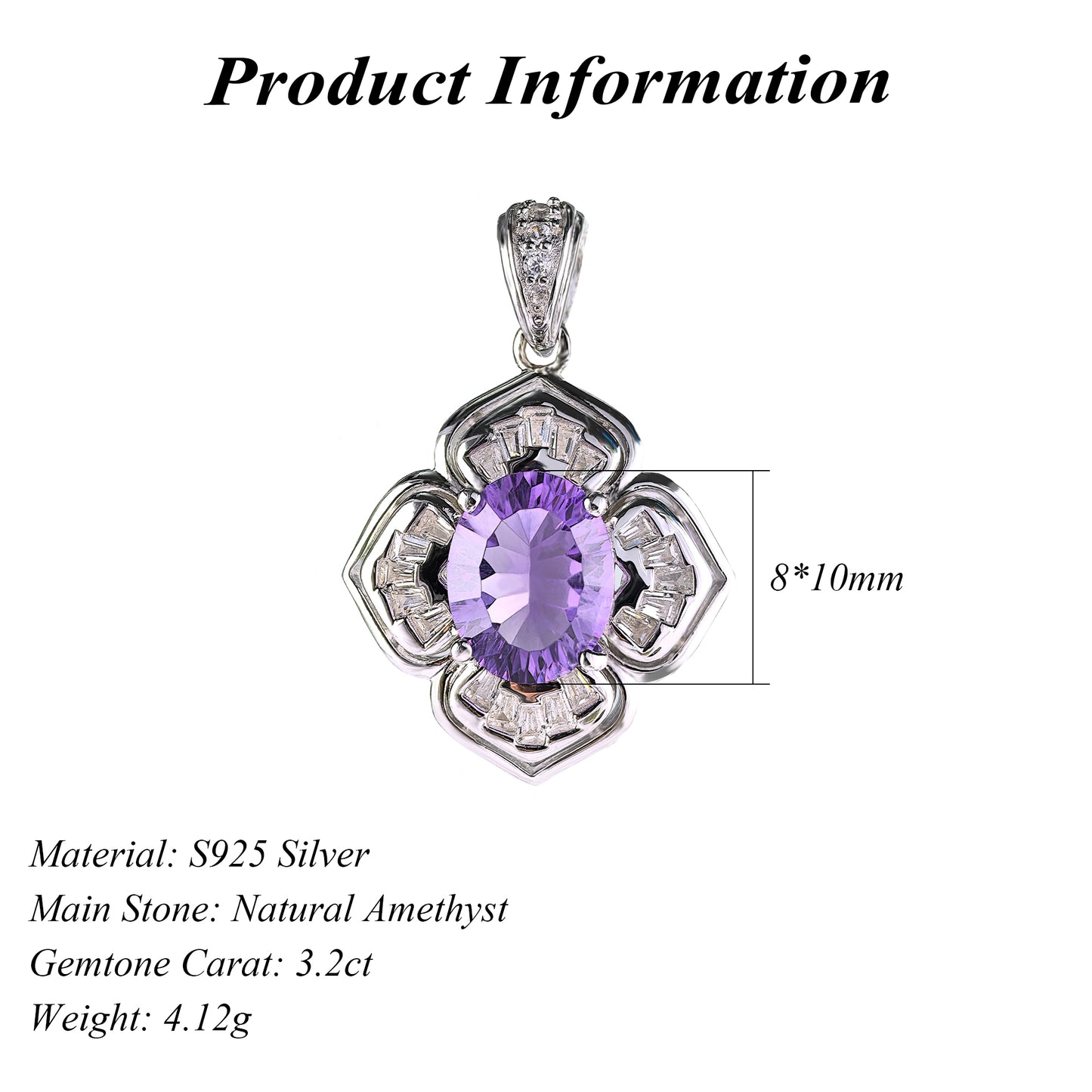 Noble Rhodium Plated 925 Sterling Silver Natural Amethyst Clover Pendant