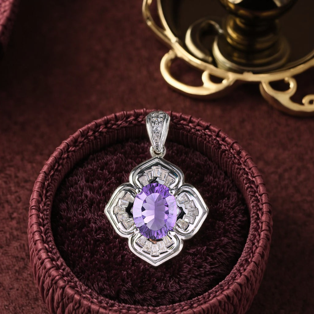 Noble Rhodium Plated 925 Sterling Silver Natural Amethyst Clover Pendant