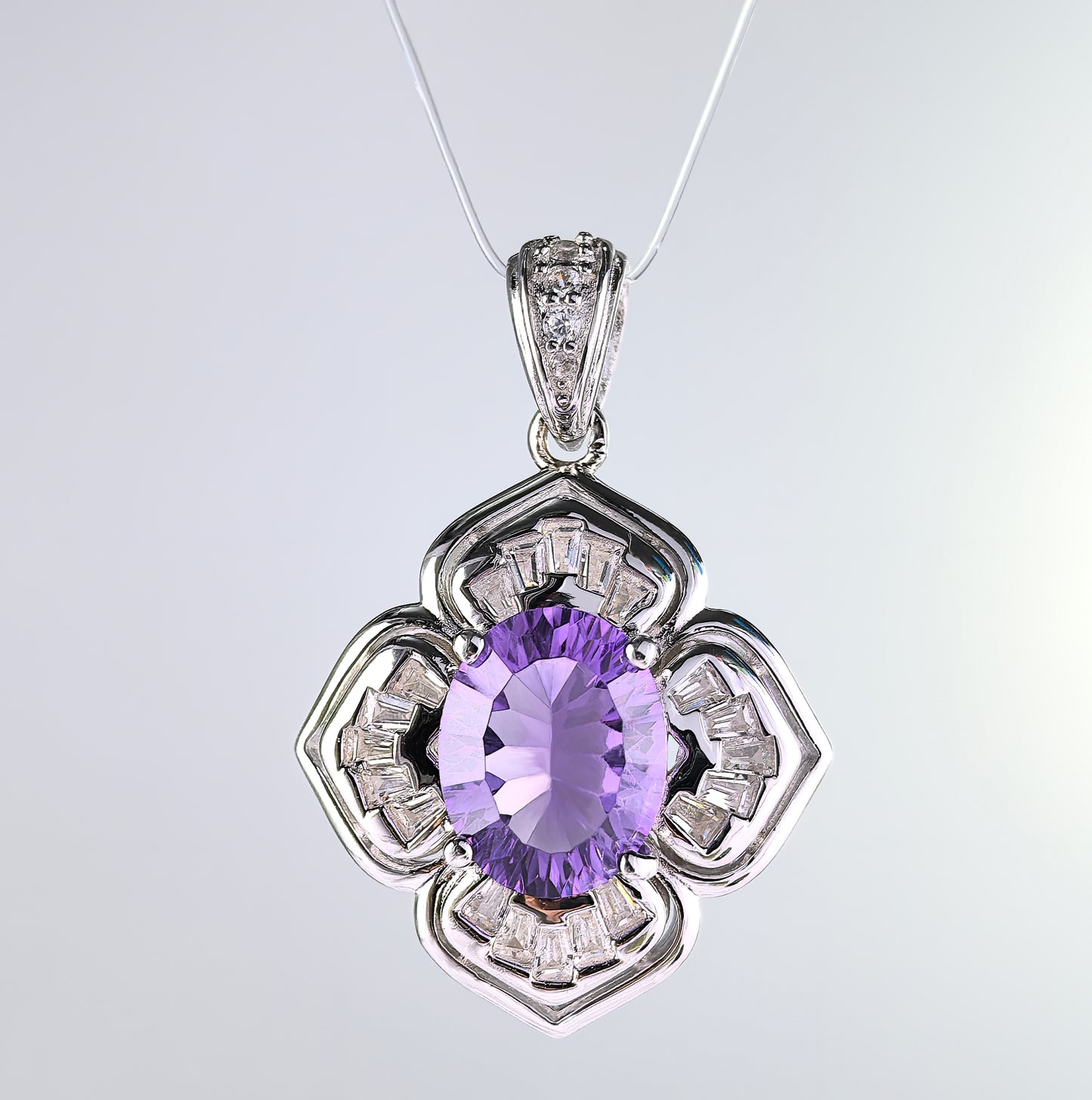 Noble Rhodium Plated 925 Sterling Silver Natural Amethyst Clover Pendant