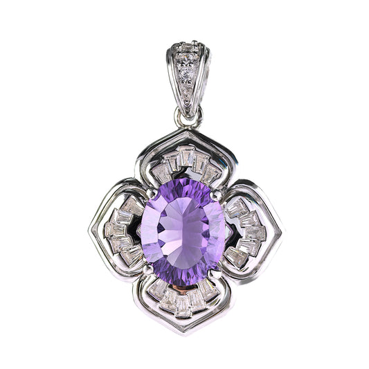Noble Rhodium Plated 925 Sterling Silver Natural Amethyst Clover Pendant