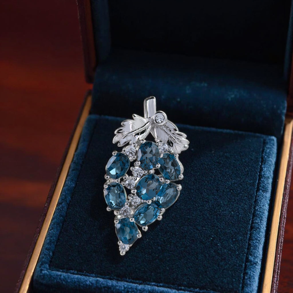 Rhodium Plated 925 Sterling Silver London Blue Topaz Grape Pendant