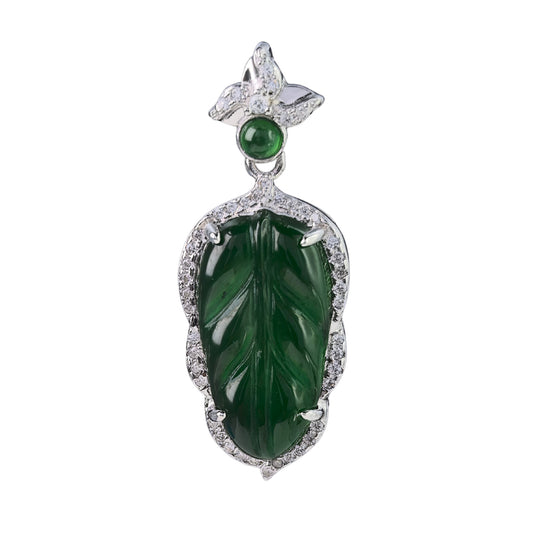 Opulent Rhodium Plated 925 Silver Jewelry Natural Jadeite Leaf Pendant