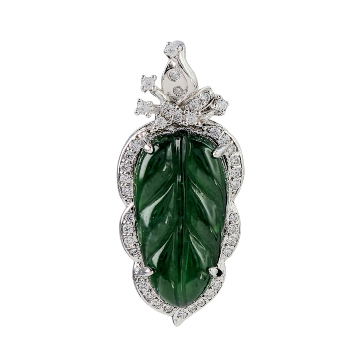 Graceful Rhodium Plated 925 Silver Jewelry Natural Jadeite Leaf Pendant