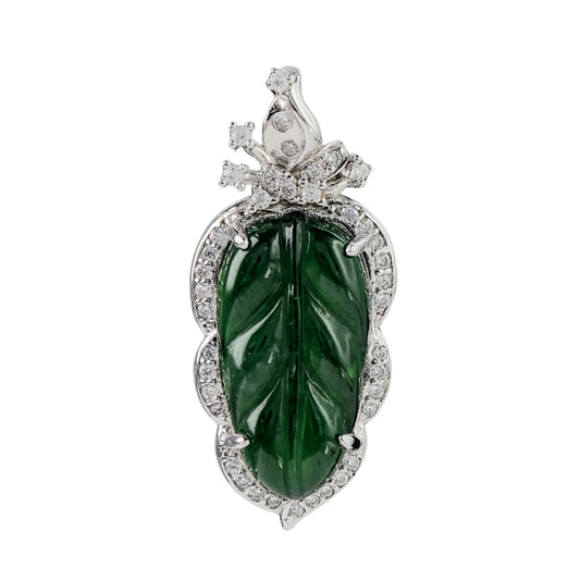 Graceful Rhodium Plated 925 Silver Jewelry Natural Jadeite Leaf Pendant