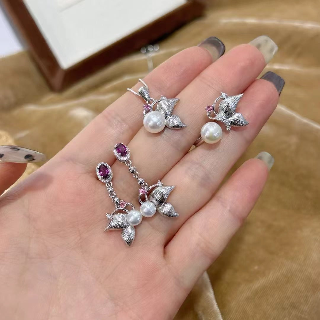 Lustrous 925 Sterling Silver Jewelry Sets Rhodium Plated Freshwater Pearl