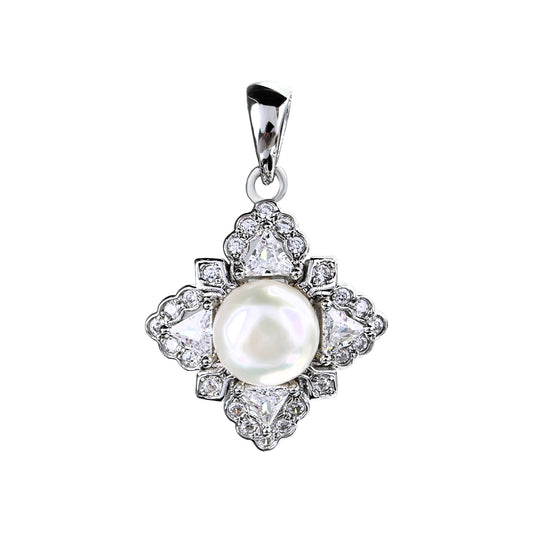 Gorgeous Rhodium Plated 925 Sterling Silver Freshwater Pearl Clover Pendant