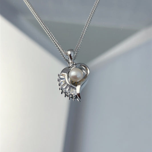 925 Sterling Silver Freshwater Pearl Heart Pendant Unique Rhodium Plated