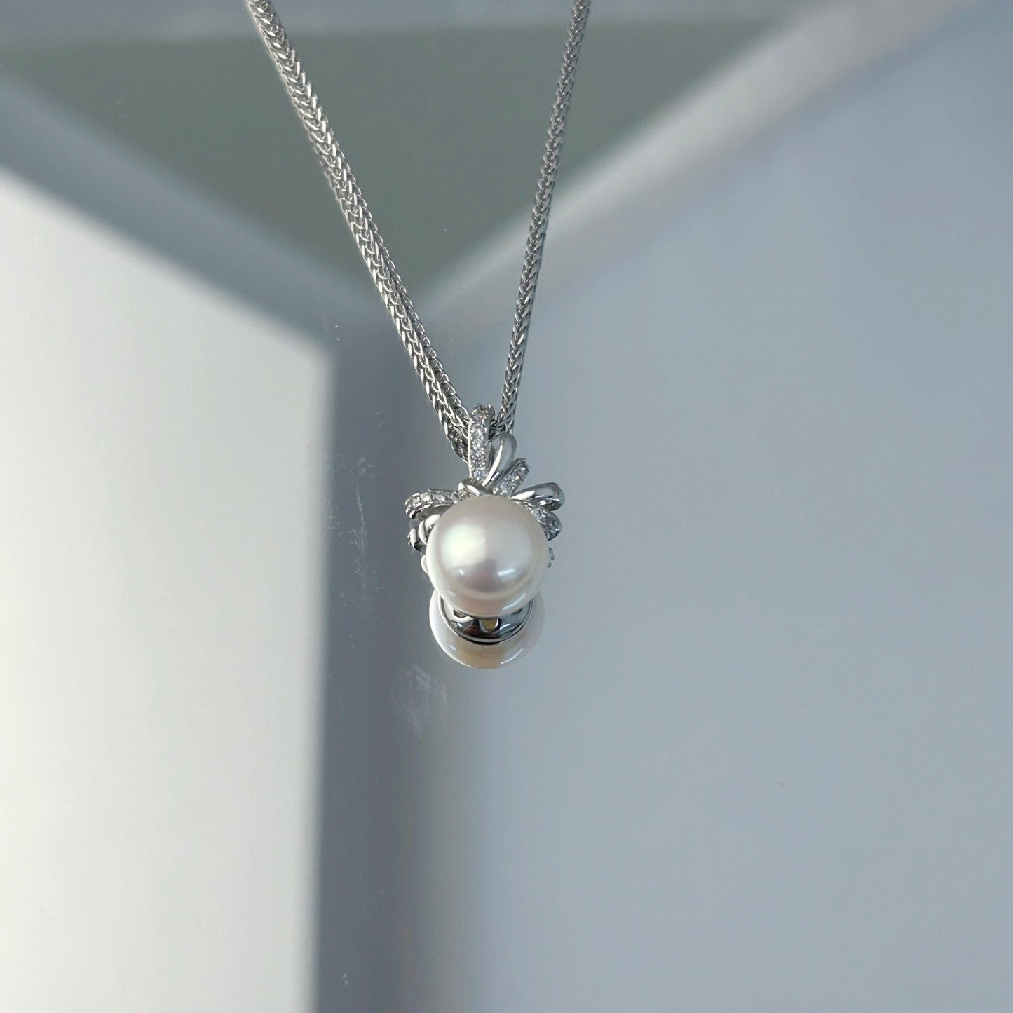 Romantic Freshwater Pearl Bow Pendant Rhodium Plated Sterling Silver 925