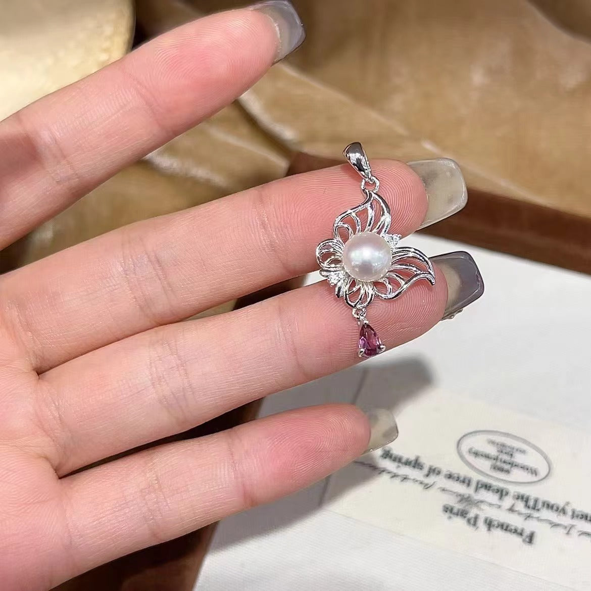 Graceful 925 Sterling Silver Freshwater Pearl Pendant with Butterfly Design Rhodium Plated