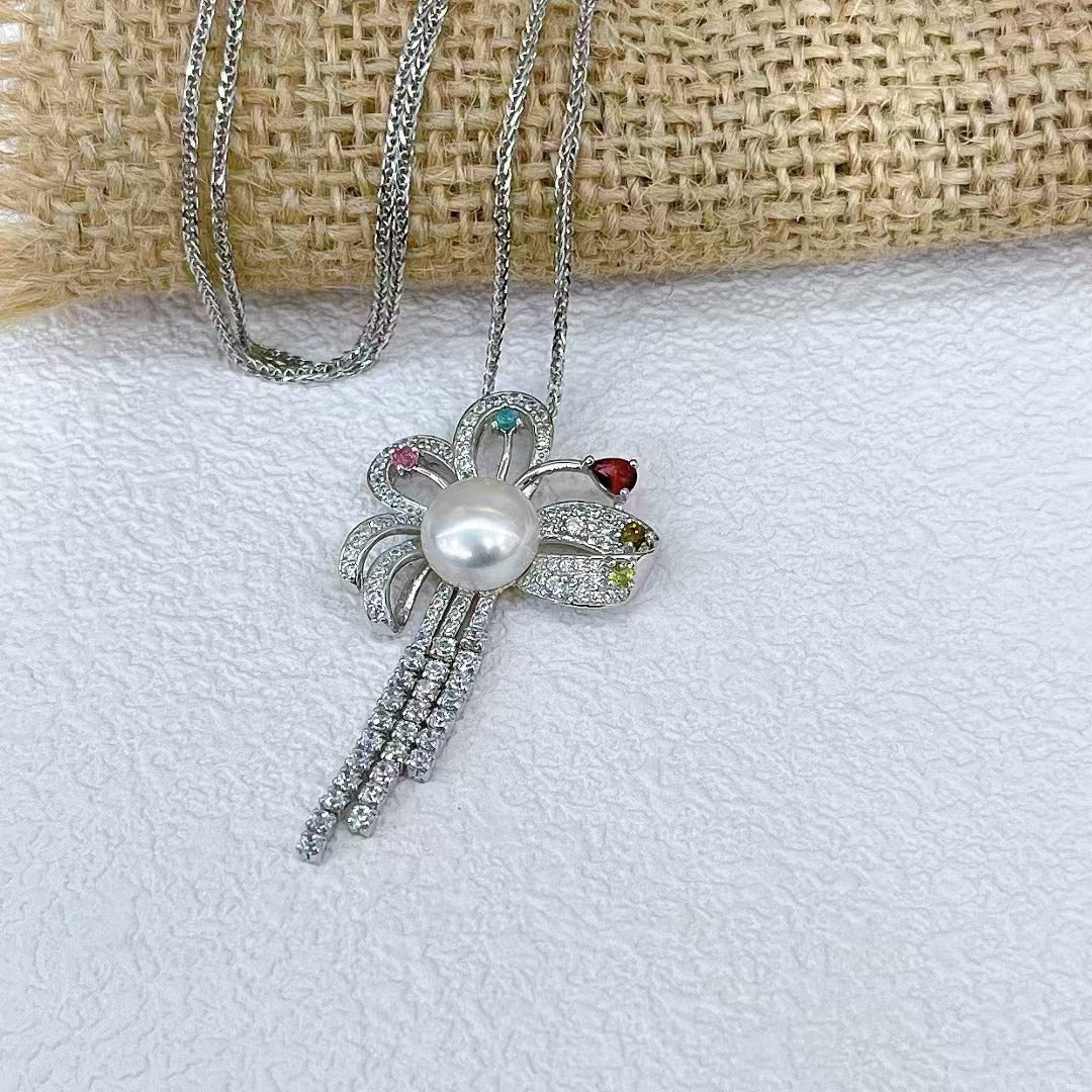 925 Sterling Silver Freshwater Pearl Bow Pendant with Delicate Rhodium Plating